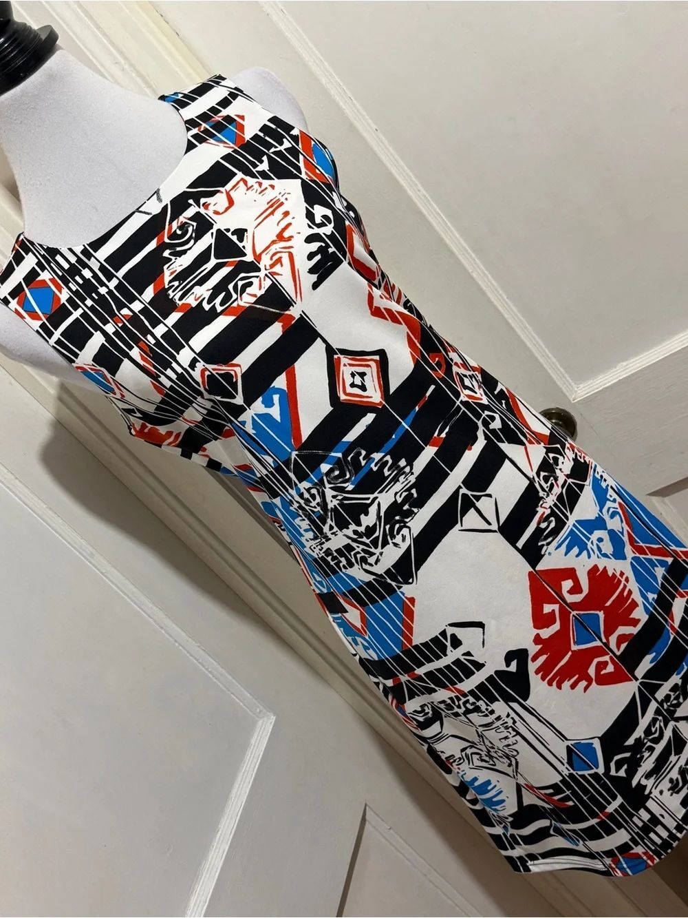 Aryeh Printed Sleeveless Dress in White, Black & Red-Orange